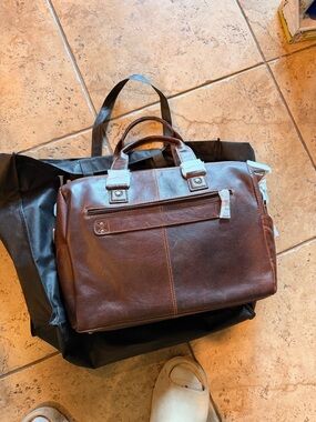 Men's Brown Leather Briefcase with Top Handles and Shoulder Strap